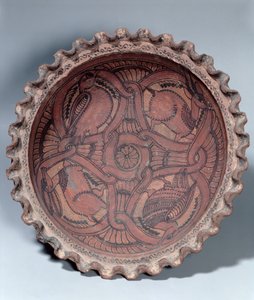 Copa copta, terracota pintada com fronteiras de muamba, egípcio, século VII dC