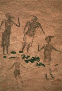 Pintura rupestre de homens e mulheres de Jabbaren do século VII aC (xisto ocre) de Unbekannt Unbekannt