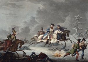 O vôo de Bonaparte da batalha de Krasnoi por William Heath, publicado em 1 de abril de 1815 (aquatinta colorida)