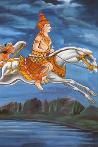 20151028, Vientiane, Laos : Wat Haysok. Pintura retratando a história de vida de Shakyamuni Buda. Buda deixa seu palácio à noite no seu cavalo Kanthaka, seguido pelo seu motorista Channa. de Unbekannt