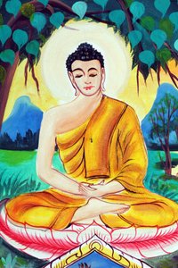 20151029, Vientiane, Laos : Wat templo budista Inpeng. Pintura retratando a história de vida de Shakyamuni Buda. Buda sentado na pose de meditação de Unbekannt
