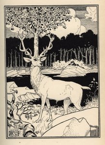 Uma cerejeira na cabeça de um veado tocada pelos caroços de cerejas lanças do Barão de Munchausen Ilustração de William Strang (1859-1921) e JB Clark tirada de "As Aventuras do Barão de Munchausen (Munchhausen) de Rudolf Erich Raspe (1736- de Unbekannt