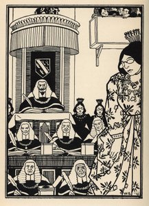 Uma corte em grande parte feminina parece ao Barão uma ironia digna de menção entre as suas aventuras. Ilustração de William Strang (1859-1921) e JB Clark de "The Adventures of the Baron of Munchausen (Munchhausen)" de Rudolf Erich Raspe (1736-1794) (1789) de Unbekannt