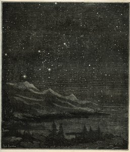 Uma noite estrelada perfeita para observar o céu. Gravura de "Les étoiles et les autres curiosites du ciel" do Camille Flammarion. de Unbekannter Künstler