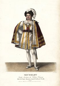 O ator Pierre Marie Nicolas Michelot no papel de Comte Almaviva em Le Barbier de Seville de Pierre Beaumarchais, Theatre Français. Litografia colorida à mão por F. Noel a partir de uma ilustração de Alexandre-Marie Colin de Portraits d