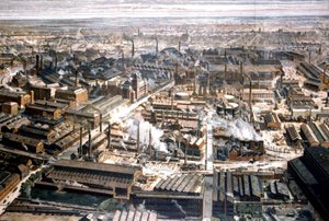 Vista aérea da fábrica Krupp em Essen, c. 1920 (gravura) de Unbekannter Künstler