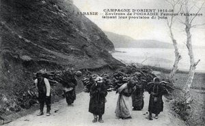 Albânia: Mulheres ciganas usando maços de madeira nas costas - Postcard 1914-1918 de William M. Timlin