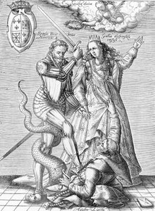 Alegoria da morte da Liga Católica representada como um monge com corpo de serpente morto pelo rei de França Henrique IV e França. Finais do século XIX (gravura do "Museu-Criminal" de Henri Varennes e Edgar Troimaux) de Unbekannter Künstler