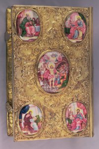 Altar Evangelho de prata trabalhada elaboradamente com medalhões de esmalte, o central representando a Ressurreição, com quatro medalhões de canto representando os quatro Evangelistas, por Pyotr Afinogenov, Moscou de Unbekannt