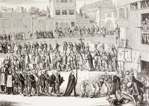 Um Auto-da-fe, ou Acto de Fé, procissão em Espanha, depois de uma gravura do século XV, de "Military and Religious Life in the Middle Ages" de Paul Lacroix, publicado em Londres por volta de 1880. de Unknown