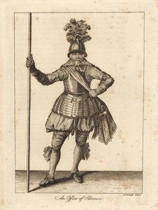 Um oficial de Pikemen em uniforme militar de capacete, armadura de couraça, faixa, calças, mangueira com espada e lúcio de Unbekannt