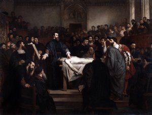 Anatomia lecon. André Vesale (1514-1564), anatomista flamengo (Andrea Vesalius ou Andries Van Wesel) em Pádua (Padova), Itália de Unbekannter Künstler