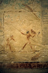 Antigo Egipto: Saqqqarah (ou Saqqara ou Sakkarah): necrópole do Antigo Império, túmulo de nobres. Detalhe dos relevos que representam uma cena de pesca.
