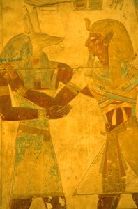 Antigo Egipto, Pintura/construção de parede, Seti I abraçando o Deus Anubis, Templo de Seti I, Abydos