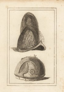Antigo capacete da moral veneziana ornamentado com troféus militares, e um antigo capacete romano encontrado em Cannae. de Unbekannt