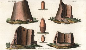Antigos monumentos vikings de uma província alemã próxima da Escandinávia e algumas urnas retiradas de túmulos dinamarqueses e suecos. Gravura em chapa de cobre colorida à mão, de Giarre e Stanghi, de Trajes Antigos e Modernos dos Povos do Mundo, de Giulio de Unbekannter Künstler