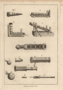 Armas antigas de Valturinns, Uffano 1-7, argamassa de cotovelo 3, bomba 8, bombas 9,10, e câmaras de lançamento de pedra perrier 11,12 de Unbekannt