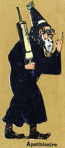 Boticário com um clystere . Alfabeto ilustrado. Imagens reunidas em Jarville-Nancy, início do século XX. Dimensões: 40 x 29 cm. Litografia sobre fundo de bistre. de Unbekannt