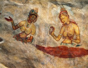Apsaras, ninfas celestes oferecendo flores, frescos, cidadela fortificada de Sigiriya (Lista do Património Mundial da UNESCO