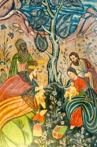 Igreja Apostólica Armênia; Mural; Adoração dos Magos; Jesus Cristo; Maria e José; os Três Reis Magos dão dons; Igreja de Belém ou Igreja Bedkhem; distrito de Julfa ou Jolfa; Isfahan; Irã; Ásia de Unbekannt