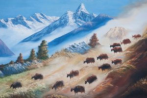 Arte; pintura de um rebanho de iaques abaixo da montanha Ama Dablam; vida campestre; galeria em Katmandu; Nepal; Ásia de Unbekannt