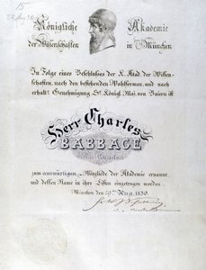 Diploma honorário Babbage Honorary concedido a Charles Babbage de Unbekannt
