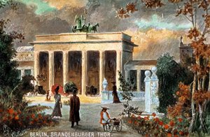 Berlim - Brandenburger Thor. Vista da Porta de Brandemburgo, com flores e transeuntes, finais do século XIX/20 (gravura) de Unbekannter Künstler