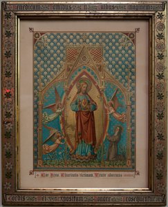 Bevere. Igreja Paroquial (Sint-Pietersbanden). Interior. Impressão a cores de devoção. Escola S Lucas Gent, Eigendom 1875, W Z Dreyt Brugge. Neo-Gótico. de Unbekannt