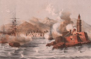 Atentado a bomba em Palermo, com navios em primeiro plano, na Sicília de William M. Timlin