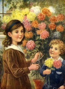 Rapaz e rapariga a cortar flores no jardim, no exterior da sua casa de Unbekannter Künstler