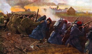 As tropas britânicas lutam com as francesas para impedir a primeira investida alemã, outono de 1914 de Unbekannter Künstler