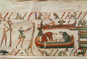 Construção de navios sob as ordens do Duke William, Bayeux Tapestry (bordado de lã em linho) de Unbekannt