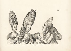 Caricatura das modas do final do século XVIII: mulheres de peruca alta com um jardim de flores ao peito e um macarrão de peruca alta com uma extravagante massa de cabelo atada atrás. Gravura em talhe-doce a partir de uma ilustração satírica de Timothy Bobb de Unbekannter Künstler