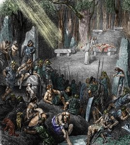 Antiquite celta: "Sacrifício humano durante cerimónia presidida por um druida na presença de famílias e guerreiros numa floresta" (religião gálica, sacrifício humano durante cerimónia presidida por um druida na presença de famílias e guerreiros numa flores