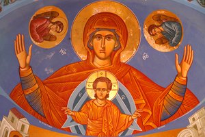 Afresco de teto Chancel em Igreja Ortodoxa de Pedoulas. Virgem e Criança, 20150510, Pedoulas, Chipre de Unbekannt