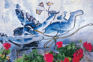 Cherub, azulejos tiles, Palace of Marquises of Fronteira, Lisbon, Portugal, Detail de Benjamin Baud
