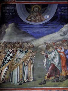 Cristo em glória controlando as forças temporais e espirituais Afresco bizantino do mosteiro Agios Ioannis Lampadistis, Saint-John Lampadistis Chipre Século XI Igrejas pintadas UNESCO site Troodos, Chipre de William M. Timlin