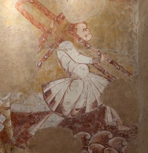 Igreja (Église Saint-Martin). Interior. Quadros de parede (fresco). Parede norte do coro. Pormenor. Simão de Cirene carregando a cruz. Século XII. de Unbekannt