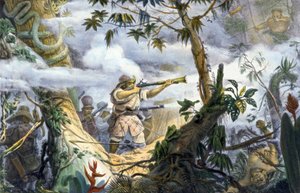 Índios "civilizados" lutando contra índios Botocudos, Brasil de Unbekannter Künstler