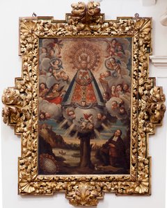 Igreja colegial. Interior. Pintura. (Nossa Senhora da Esperança). Texto em um medalhão: "RETRA TOD LA MIL CROSA Imajen DNUESTRA S DL Esperanza A Parecida A Fernando de ZILLLa Faña iezi rodela Villa Riue mde el Tajo ter mi?to esta villa". Assinado ? e de Unbekannt