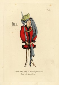 Traje do Rei Ricardo II, em túnica curta e cheia de pelo, cintado nos quadris com cinta, sapatos pontiagudos, touca redonda com cauda comprida e coroa de tecido cortada em forma de folhas de Unbekannt