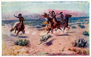 Cowboys a cavalo a laçar um lobo de Unbekannter Künstler