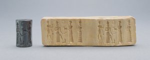 Selo do cilindro, mostrado com impressão de gesso, antigo babilônio, c.19-18 aC (hematita) de Unbekannt
