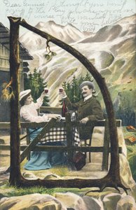 D: Um homem e uma mulher sentados à mesa em frente a uma cabana de montanha com um copo de vinho - Alfabeto caracteres Ref Th. E., L. Theochrom - Serie 994. Theodor Eisman, editor, Leipzig de Unbekannt