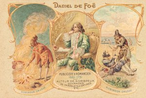 Daniel Defoe na sua secretária e a sua famosa obra (gravura) de Unbekannter Künstler
