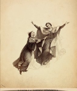 Dante, de braços abertos, conduzido em voo por Beatriz através do firmamento do Paraíso. Ilustração do Canto I do Paradiso de A Divina Comédia de Dante Alighieri. Obra de Franceso Scaramuzza dedicada ao Município de Florença. de Unbekannter Künstler