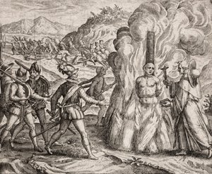 Descrição dos crimes infligidos aos índios pelos colonos espanhóis - Conquistadores queimando na fogueira um índio que se recusou a converter-se à fé católica. Religiosos da Ordem Franciscana (gravura) "Narratio regionum indicarum per Hispano de Unbekannt