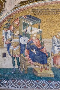 Detalhe do governador Quirinius na cena da inscrição para os impostos, igreja Chora, Istambul, Turquia de Unbekannter Künstler