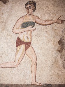 Detalhe da Câmara das Dez Moças ou do mosaico das "Moças do Biquíni". Corrida. Século III - IV. Villa Romana do Casale, Sicília. Site da UNESCO. de Unbekannt