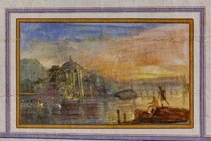 Detalhe da decoração representando uma paisagem, A Sala Vermelha, O Apartamento Real, O Palácio Real ou Palazzo dei Normanni (Palácio dos Normandos), Palermo, Sicília, Itália (foto) de Unbekannter Künstler